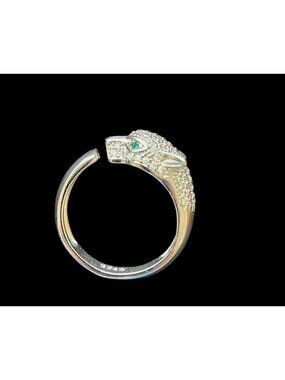 Sterling Silver 925 Leopard Head Ring With Crystals and Green Eyes 3.78g